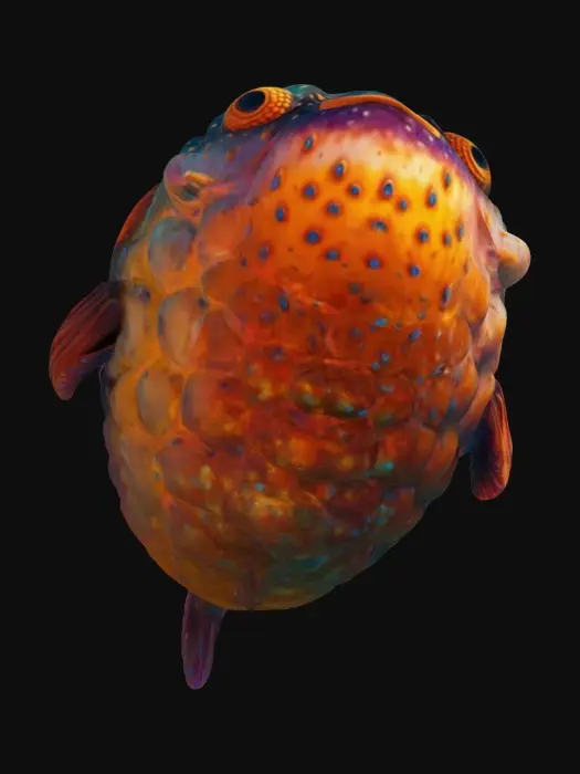 3D model for A giant stylized floating colorful puffer fish. realistic large puffer fish swimming above the clouds. The fish has uniquely colored scales with shiny highlights. 8K UV mapped textures.