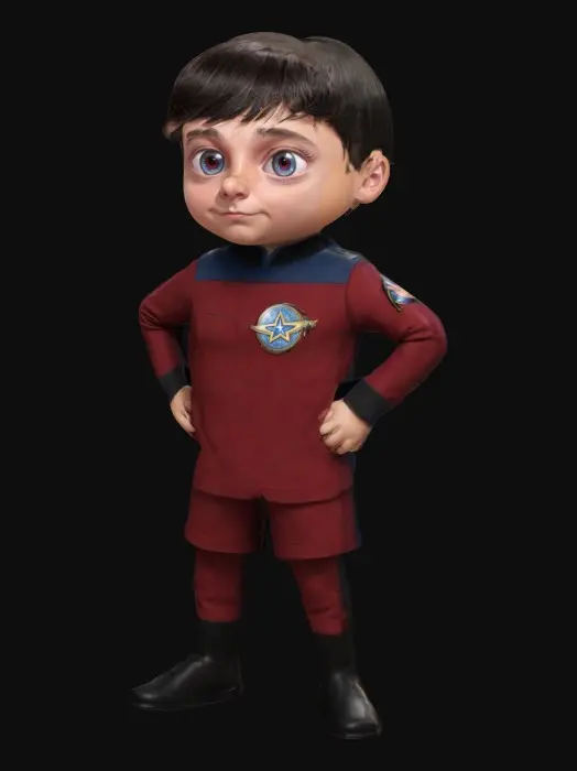 3D model for a random a-list male character from “Big Bang Theory” as an age-regressed boy. 8k, wearing a stylized Star-Trek Uniform.
