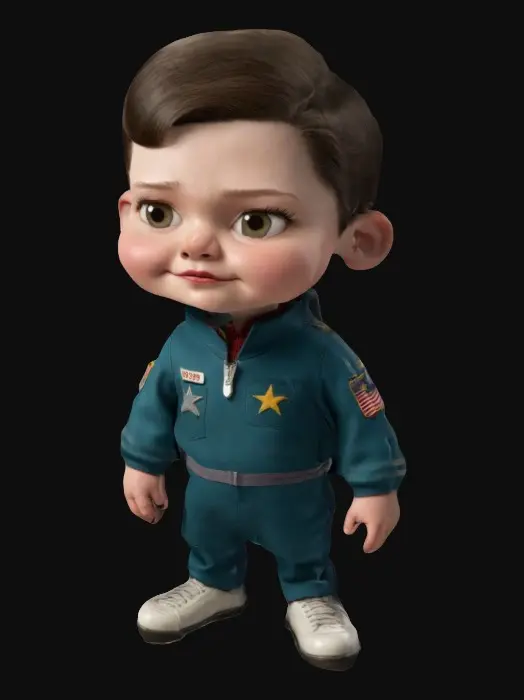 3D model for a random a-list character from “Young Sheldon” as an age-regressed child. 8k, wearing a stylized Space-1999 Uniform. Looking up towards a grownup.