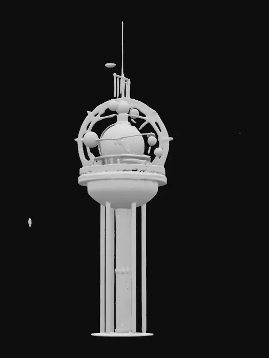 3D model for Very complex and intricate Orrery with tens of planets and orbs and interesting parts held by golden wires orbiting around the top of a tall modern water-tower, NVIDIA 8k textures. Add a few highly Detailed planets