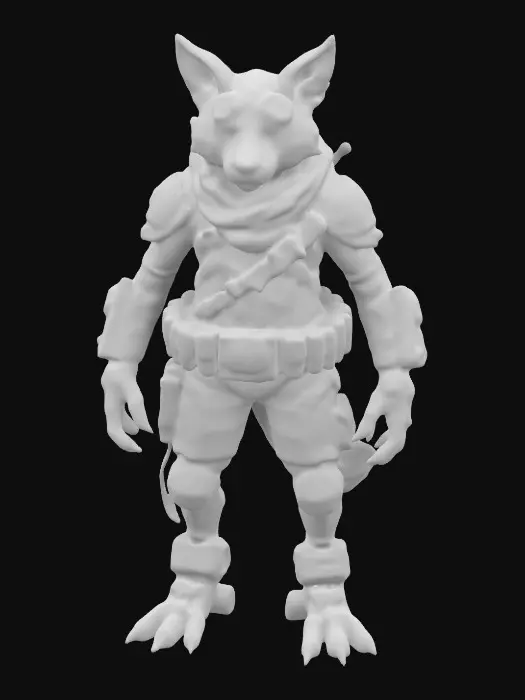 3D model for A male character, nude, naked, rustborne industrialpunk, humanoid small breed dog, command personnel, 8k highly detailed features. Naked except fur.