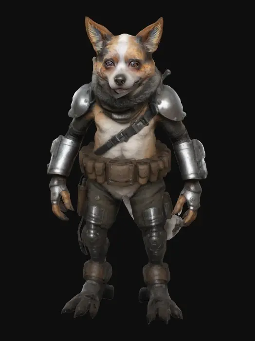 3D model for A male character, nude, naked, rustborne industrialpunk, humanoid small breed dog, command personnel, 8k highly detailed features. Naked except fur.