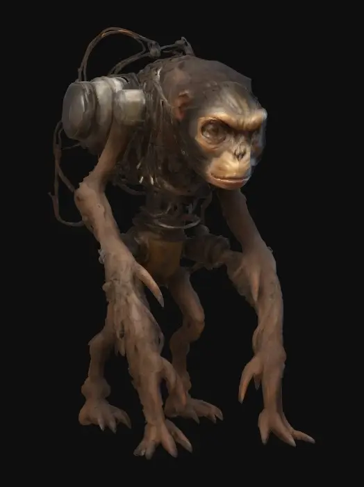 3D model for A stylized Planet-of-the-Apes anthropomorphic cryptid. 8K high-poly. Sentient. Mudborne, industrialpunk. Unity-Engine, NVIDIA.