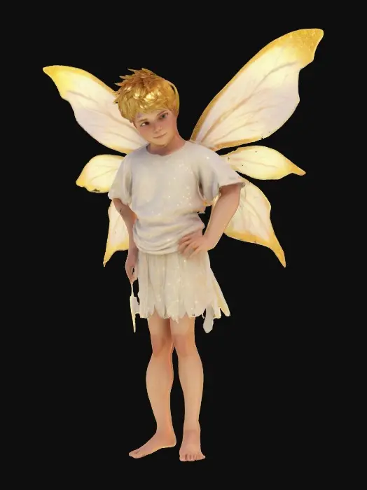 3D model for A 1-meter figure of an airborne cute boy little twinkling glitter male fairy burning in the sun rays. 8K textures. NVIDIA. #fairy#