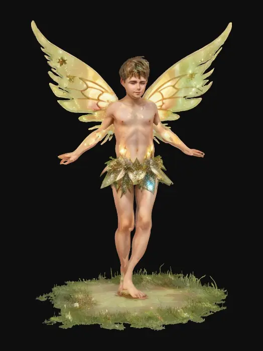 3D model for Radiant Fairychild, A 1-meter figure of an airborne cute boy little twinkling glitter male fairy burning in the sun rays. He. 8K textures. NVIDIA. #fairy#d to toe, full-body.