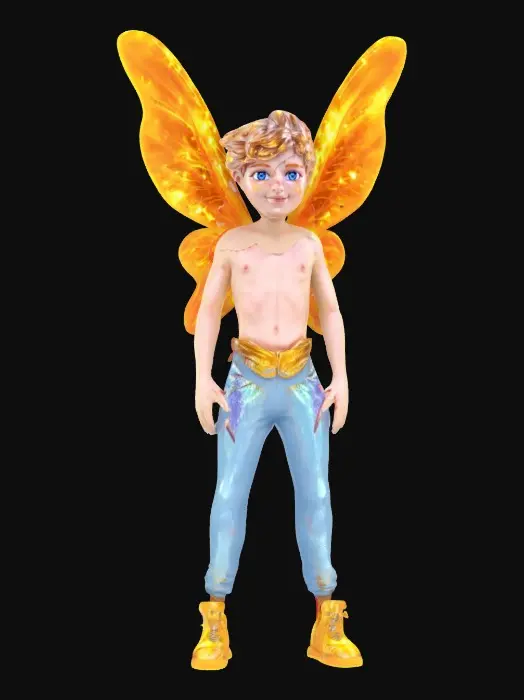 3D model for A 1-meter figure of an airborne cute boy little twinkling glitter male fairy burning in the sun rays. Wires of fire as wings. 8K textures. NVIDIA. #fairy#