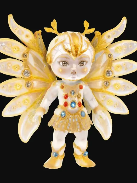 3D model for A Battlestar-Galactica fairychild. 8K Glass-figure, gold and diamond. Beauty-shot, sparkling, 1984 style. LED-Light. #fairy#