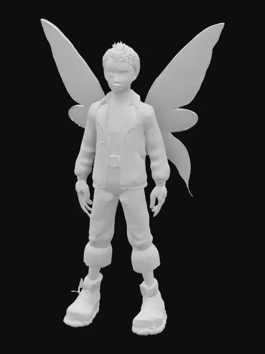 3D model for A photo-quality render of a Radiant David-Bowie Peter-Pan-child, A 1-meter figure of an floating just above the ground. A very cute boy little twinkling glitter male glam-rock fairy burning in the sun rays. 8K textures. NVIDIA. #fairy# head to toe, full-body.