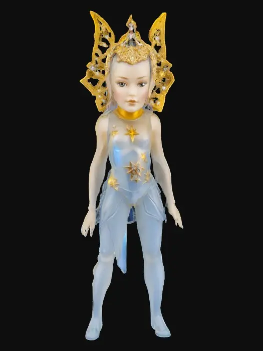 3D model for A Battlestar-Galactica fairychild. 8K Glass-figure, gold and diamond. Beauty-shot, sparkling, 1984 style. LED-Light. #fairy#