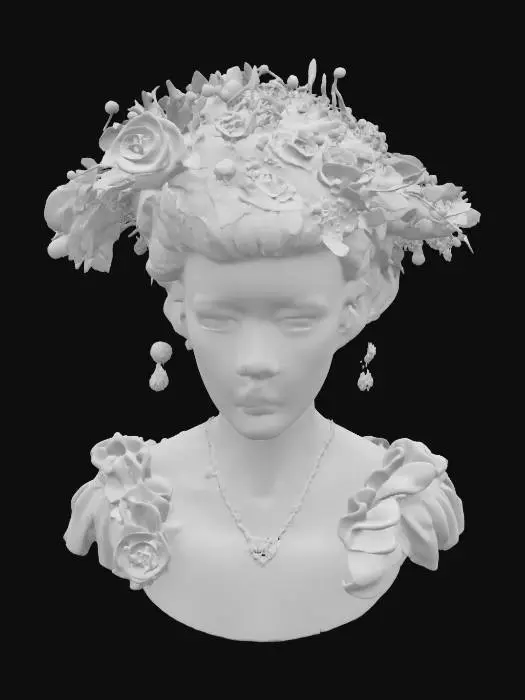 3D model for A colorful Bridgerton theme intricate Queen-Charlotte updo headpiece. 8K Detail, artistic masterpiece. Royal, regal, flower-garden, renaissance big-hair. #garden#