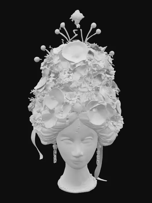 3D model for A colorful Bridgerton theme intricate Queen-Charlotte updo headpiece. 8K Detail, artistic masterpiece. Royal, regal, flower-garden, renaissance big-hair. #garden#