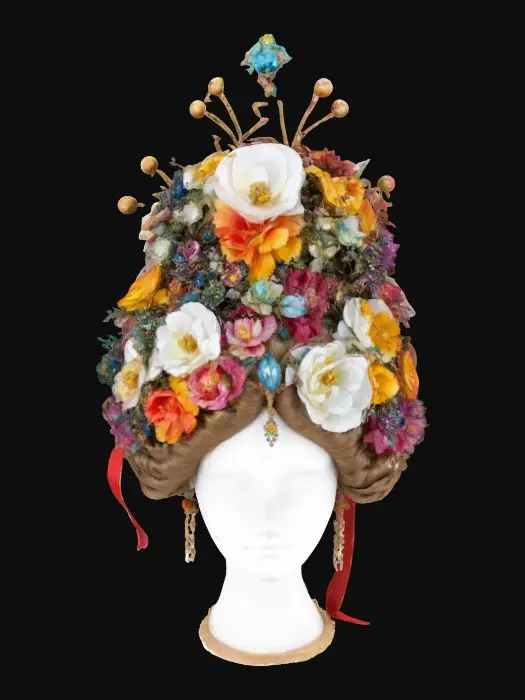 3D model for A colorful Bridgerton theme intricate Queen-Charlotte updo headpiece. 8K Detail, artistic masterpiece. Royal, regal, flower-garden, renaissance big-hair. #garden#