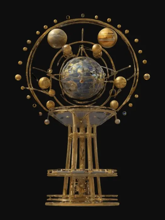 3D model for Very complex and intricate Orrery with tens of planets and orbs and interesting parts held by golden wires orbiting around the top of a tall modern water-tower, NVIDIA 8k textures. Add a few highly Detailed planets