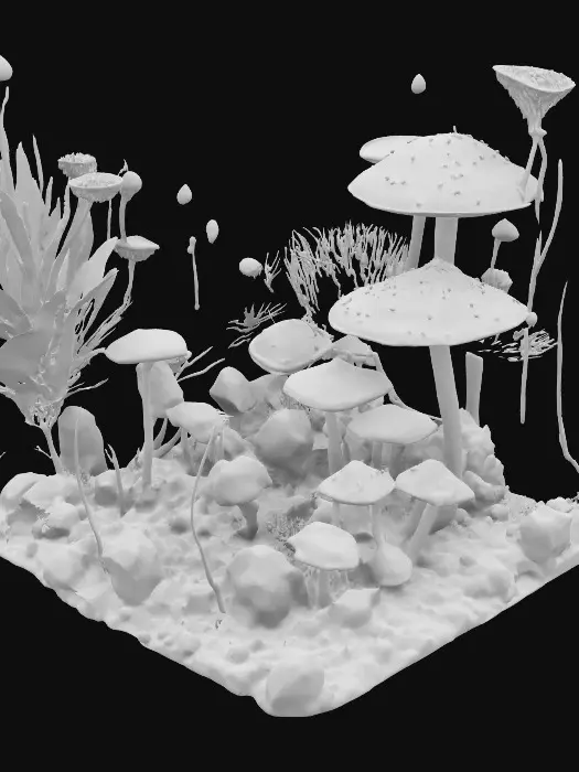 3D model for A high-poly mushroom garden, with alien Cordyceps plants intermixed among the shrooms. rotten decayed, sparkling spore dust. 8K details. 10 meters tall. Excellent lighting. #garden#