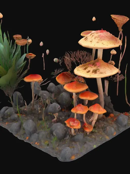 3D model for A high-poly mushroom garden, with alien Cordyceps plants intermixed among the shrooms. rotten decayed, sparkling spore dust. 8K details. 10 meters tall. Excellent lighting. #garden#