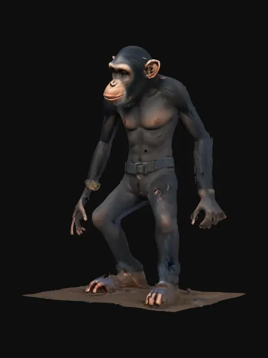 3D model for A character, mostly naked, mudborne, industrialpunk, Planet-of-the-Apes, chimpanzee student. 8k highly detailed features. black fur.
