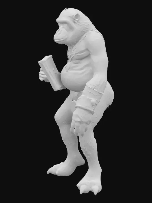 3D model for A character, mostly naked, mudborne, industrialpunk, Planet-of-the-Apes, silver-back ape student. 8k highly detailed features. black fur.