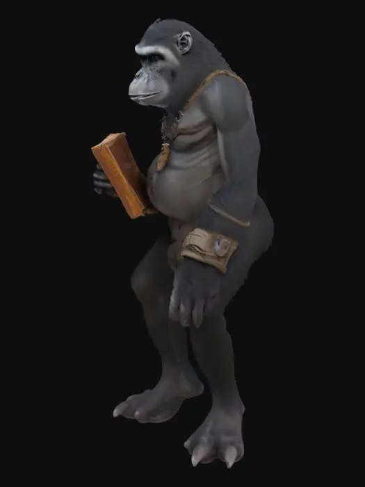 3D model for A character, mostly naked, mudborne, industrialpunk, Planet-of-the-Apes, silver-back ape student. 8k highly detailed features. black fur.