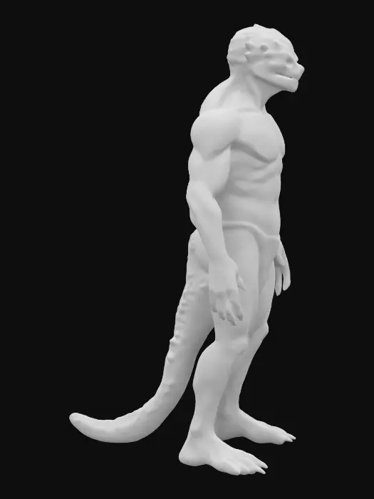 3D model for A male character, nude, naked, rustborne, humanoid reptilian, infintry. With a we a one, 8k highly detailed features. Naked black fur.