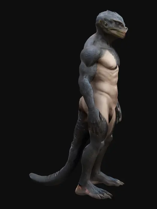 3D model for A male character, nude, naked, rustborne, humanoid reptilian, infintry. With a we a one, 8k highly detailed features. Naked black fur.