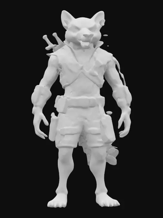 3D model for A male character, wearing just gear, humanoid honeybadger, modern rustborne cyberpunk, hunter, 8k highly detailed features. Flashy gear, anatomicaly correct.