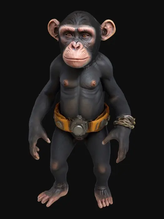 3D model for A character, mostly naked, mudborne, industrialpunk, Planet-of-the-Apes, chimpanzee student. 8k highly detailed features. black fur.