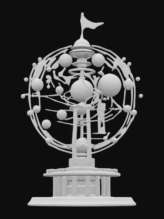 3D model for Very complex and intricate Orrery with tens of planets and orbs and interesting parts held by golden wires orbiting around the top of a tall modern water-tower, NVIDIA 8k textures. Add a few highly Detailed planets