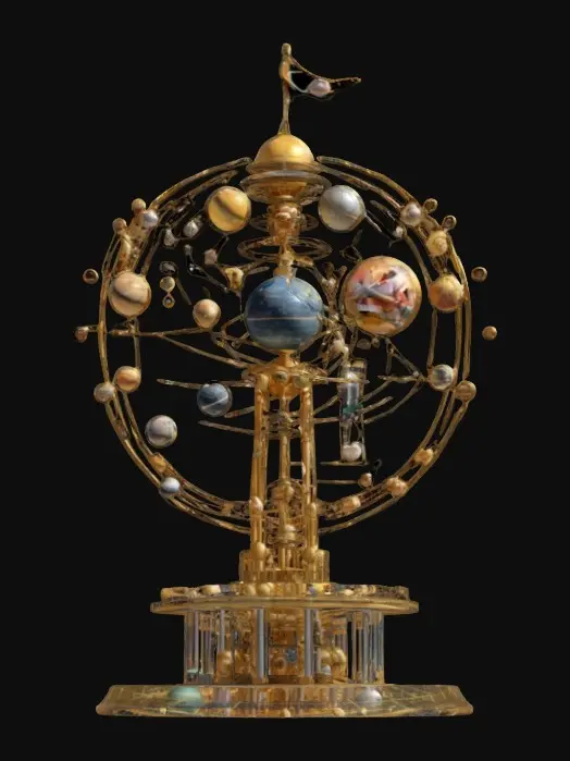 3D model for Very complex and intricate Orrery with tens of planets and orbs and interesting parts held by golden wires orbiting around the top of a tall modern water-tower, NVIDIA 8k textures. Add a few highly Detailed planets