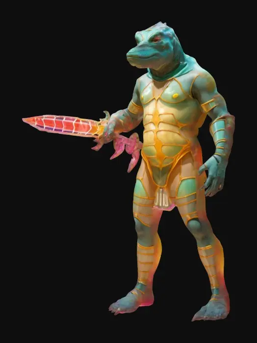 3D model for Life-size, Full Body, Symmetrical Body, Sci-Fi, stylized, yaoi, shots character of a Gorn warrior as a boy child, dressed for Christmas. Made of well-lit candy color glass. #ChristmasAdventure#