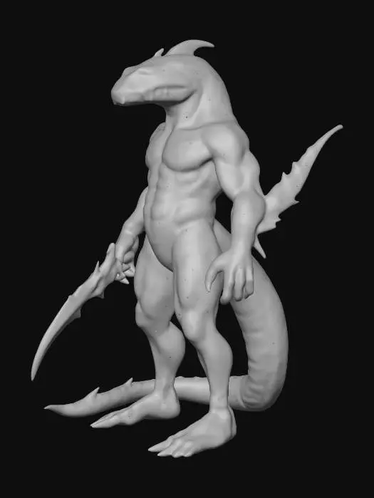 3D model for A male character, nude, naked, rustborne, humanoid snake chupacabra, soldier with a weapon, 8k highly detailed features. Naked snake alien with ornate patterns in his scales.