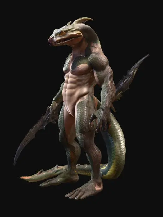 3D model for A male character, nude, naked, rustborne, humanoid snake chupacabra, soldier with a weapon, 8k highly detailed features. Naked snake alien with ornate patterns in his scales.