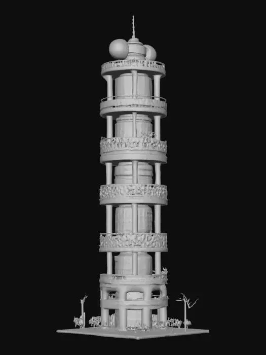 3D model for A 10-meter model of a modern-Japanese high-rise tower, with a fun 怪獣 theme. 8k colorful textures, all sides match well. symmetrical. well drawn windows, glass, and steel, intricate and ornate girder and floor textures. NVIDIA OptiX, Daz3D, deeply carved detail, highest quality, highest resolution, insane detailed, zbrush, v-ray, Meshy masterpiece, prize winning, computerized fiber-optic lighting.