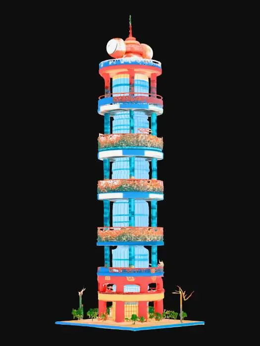 3D model for A 10-meter model of a modern-Japanese high-rise tower, with a fun 怪獣 theme. 8k colorful textures, all sides match well. symmetrical. well drawn windows, glass, and steel, intricate and ornate girder and floor textures. NVIDIA OptiX, Daz3D, deeply carved detail, highest quality, highest resolution, insane detailed, zbrush, v-ray, Meshy masterpiece, prize winning, computerized fiber-optic lighting.