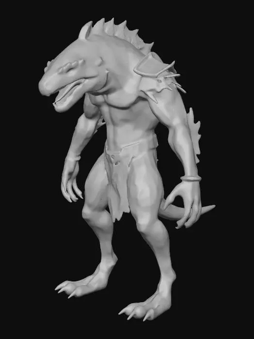 3D model for A male character, nude, naked, rustborne, humanoid reptilian Chupacabra, frontline battlefield soldier. 8k highly detailed features.
Colorshifting green and gold scales.