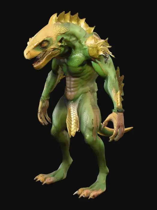 3D model for A male character, nude, naked, rustborne, humanoid reptilian Chupacabra, frontline battlefield soldier. 8k highly detailed features.
Colorshifting green and gold scales.