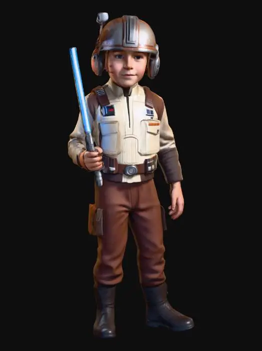 3D model for a random a-list male character from “Happy Days” as an age-regressed boy. 8k, wearing a stylized Star-Wars costume.