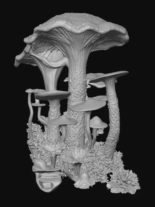 3D model for A high-poly mushroom garden, with alien Cordyceps plants intermixed among the shrooms. rotten decayed, sparkling spore dust. 8K details. 10 meters tall. Excellent lighting.