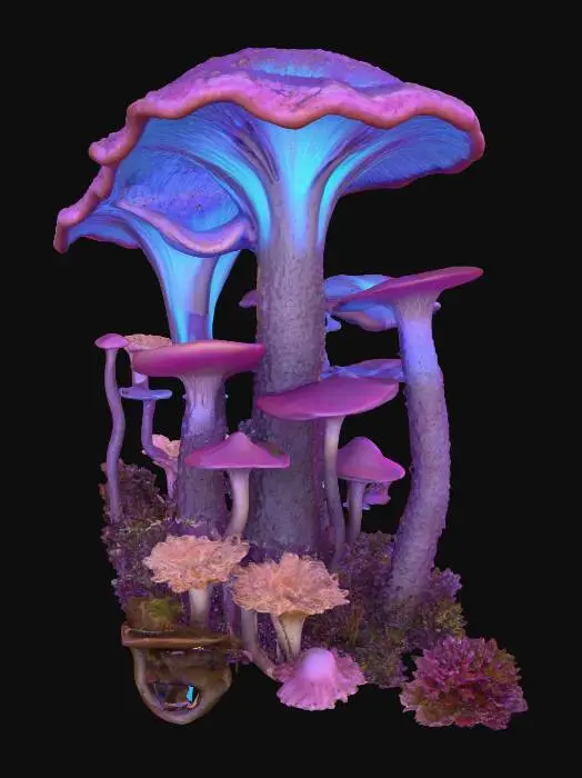 3D model for A high-poly mushroom garden, with alien Cordyceps plants intermixed among the shrooms. rotten decayed, sparkling spore dust. 8K details. 10 meters tall. Excellent lighting.