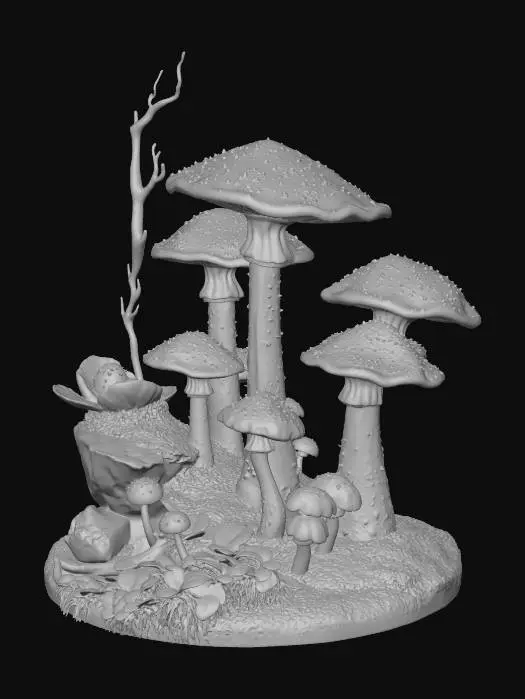 3D model for A high-poly mushroom garden, with alien Cordyceps plants intermixed among the shrooms. rotten decayed, sparkling spore dust. 8K details. 10 meters tall. Excellent lighting.