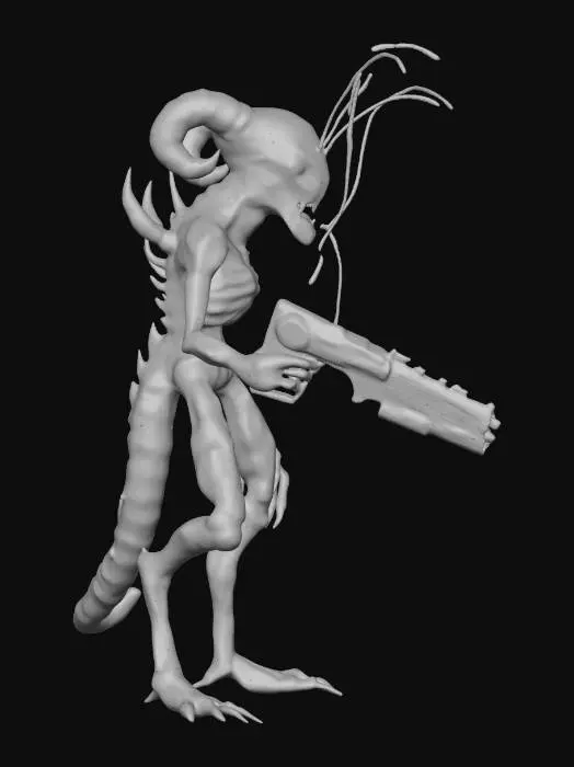3D model for Create a prawn alien creature from the movie “District 9”, covered in thin cloudy translucent slime and holding an advanced weapon from his planet. Aliencore, futurecore, cybercore. 8k NVIDIA textures, Unity engine, game-ready, stylized and articulate. #ChronoForgeWeapon#