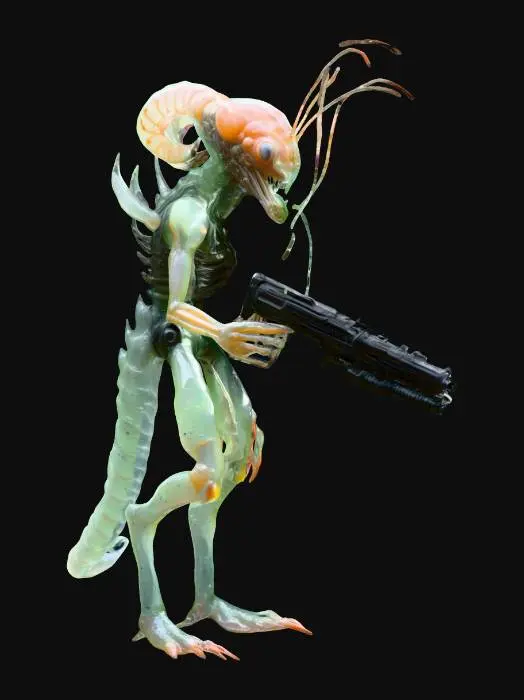 3D model for Create a prawn alien creature from the movie “District 9”, covered in thin cloudy translucent slime and holding an advanced weapon from his planet. Aliencore, futurecore, cybercore. 8k NVIDIA textures, Unity engine, game-ready, stylized and articulate. #ChronoForgeWeapon#