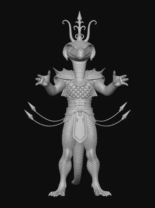 3D model for masterpiece figure, A male Chronoforge character, rustborne, humanoid reptilian cobra, Admiral. 8k highly detailed features. Green to gold color-shifting scales. Sparkling scales. Evil eyes.