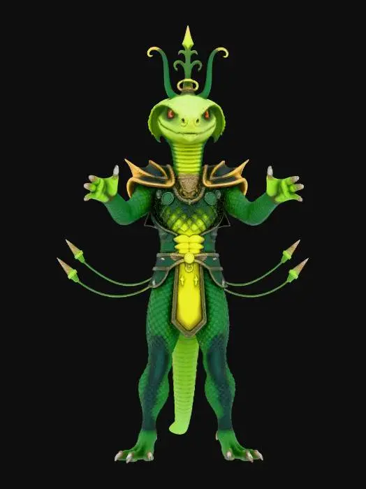 3D model for masterpiece figure, A male Chronoforge character, rustborne, humanoid reptilian cobra, Admiral. 8k highly detailed features. Green to gold color-shifting scales. Sparkling scales. Evil eyes.