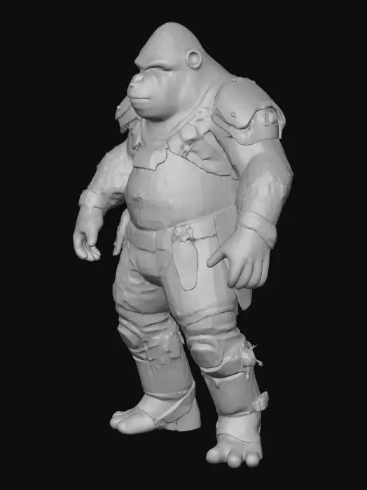 3D model for A character, mostly naked, mudborne, industrialpunk, Planet-of-the-Apes, silver-back ape student. 8k highly detailed features. black fur.
