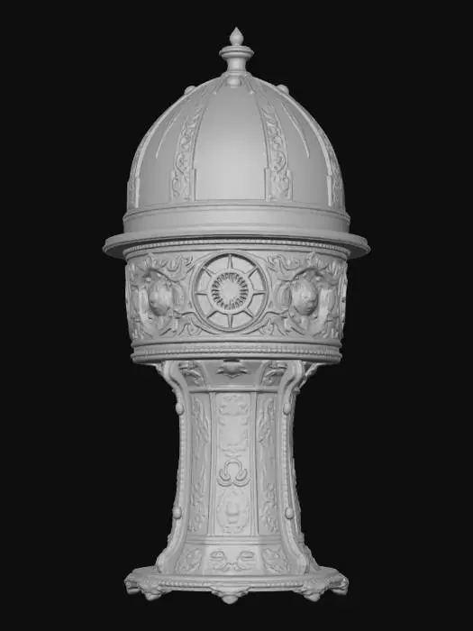3D model for A 3-meter life-size detailed planetarium projector made of silver glass, deeply carved details, master craftsmanship, discretionary winter decoration, well lit, outside, 4k, NVIDIA volumetric lighting.