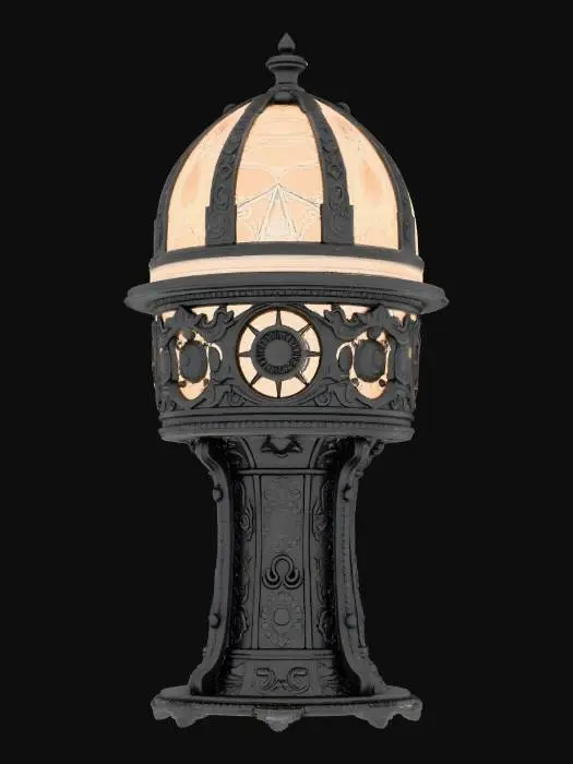 3D model for A 3-meter life-size detailed planetarium projector made of silver glass, deeply carved details, master craftsmanship, discretionary winter decoration, well lit, outside, 4k, NVIDIA volumetric lighting.