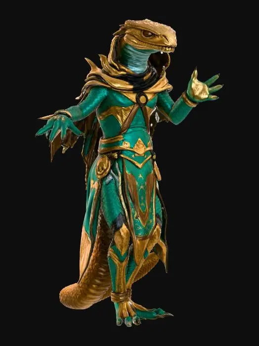 3D model for masterpiece figure, A male Chronoforge character, rustborne, humanoid reptilian cobra, Admiral. 8k highly detailed features. Green to gold color-shifting scales. Sparkling scales. Evil eyes.