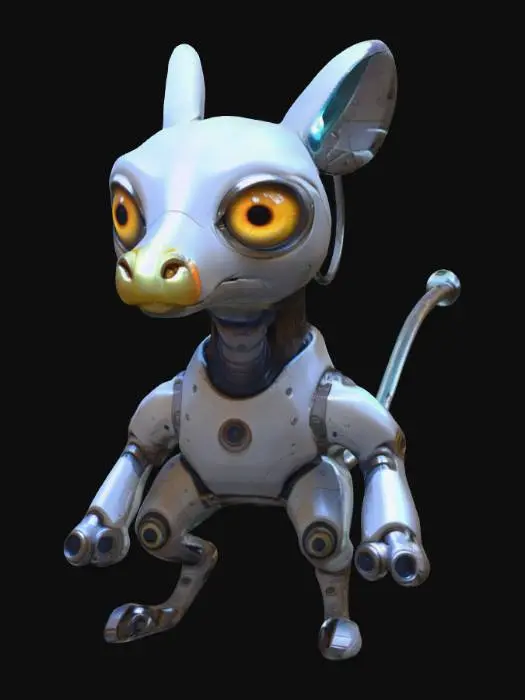 3D model for Medium-poly, Pixar style, Chrono-forge masterpiece of a super modern-eye implant weapon. Showing close up of head and ere on a humanoid animal, to show details of the eye weapon. #ChronoForgeWeapon#