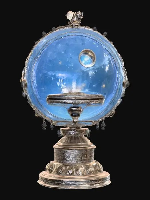 3D model for A 3-meter life-size detailed planetarium projector made of silver glass, deeply carved details, master craftsmanship, discretionary Christmas decoration, well lit, outside, 4k, NVIDIA volumetric lighting, #Christmas2025#