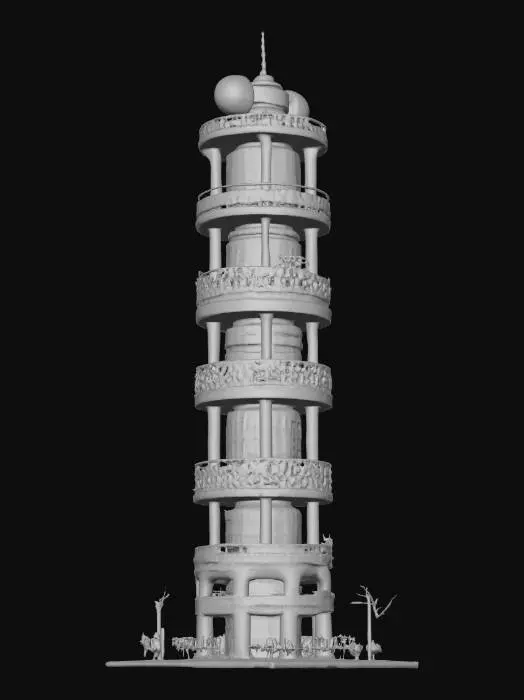 3D model for A 10-meter model of a modern-Japanese high-rise tower, with a fun 怪獣 theme. 8k colorful textures, all sides match well. symmetrical. well drawn windows, glass, and steel, intricate and ornate girder and floor textures. NVIDIA OptiX, Daz3D, deeply carved detail, highest quality, highest resolution, insane detailed, zbrush, v-ray, Meshy masterpiece, prize winning, computerized fiber-optic lighting.